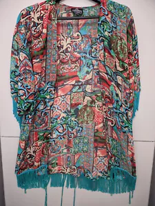 Angie Kimono Womens Medium Open Fringes Ends Mid Length Art to Wear Boho Coverup - Picture 1 of 13