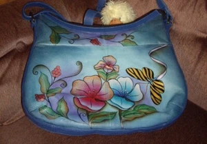 Anuschka Hand Painted Leather Crossbody Bag/purse Denim Blue Butterfly Floral - Picture 1 of 8