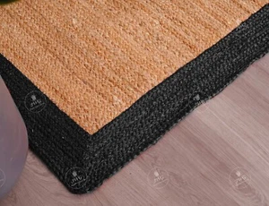 Handgeflochtener rechteckiger Jutebereich Teppich, beige mit schwarzem Rand große Größe Dhurrie - Bild 1 von 8