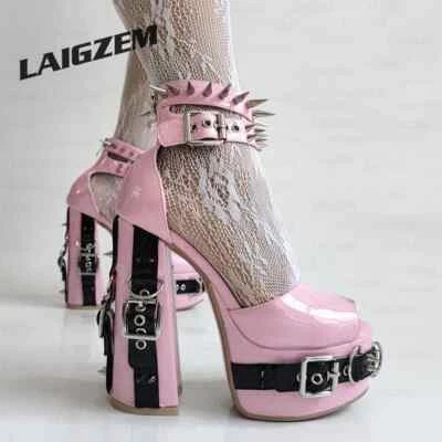 Women Platform Pumps Studded Chunky High Heels Sandals Back Zipper PUNK Shoes - Photo 1/4