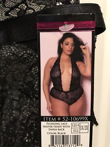 Plunging Lace Halter Teddy with Tanga back, Sexy Romper US Size 1X-2X