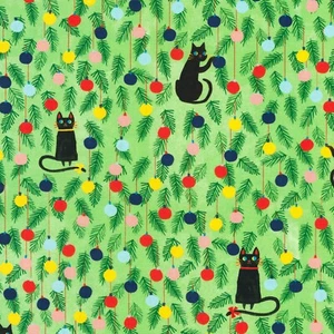 Tela Feline Drive JINGLE PALS gato con adornos verde - cuarto de grasa (18x22") FQ - Imagen 1 de 8