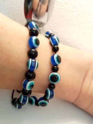 Due x Bracciale dell'Amicizia con cordino regolabile sfere azzurro e blu e nero - Immagine 1 di 4