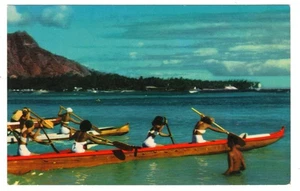 Racing Outrigger Canoes Diamond Head Waikiki Honolulu Oahu Hawaii Postcard - Picture 1 of 2