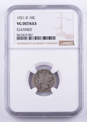 Certified 1921-D Mercury Dime NGC VG details Silver 10c  - Image 1 of 4