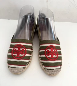 Tory Burch Women’s Size 10 Slip On Espadrilles Green Striped Red Canvas Logo - Picture 1 of 9