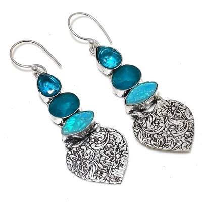 Pendiente Joyería Plata Esterlina 925 Jade Verde Ópalo Triple Verde 2.56" Foto 1 de 4