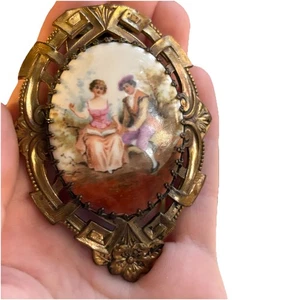 Antike viktorianische handbemalte Keramik-Brosche Paar Haarnadel 2,5 Zoll Grandmacore - Bild 1 von 4