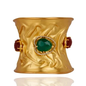 Handmade Wide Fulani Cuff Bangle Gold Plated With Multi Stone Jewelry For Gift - Picture 1 of 6