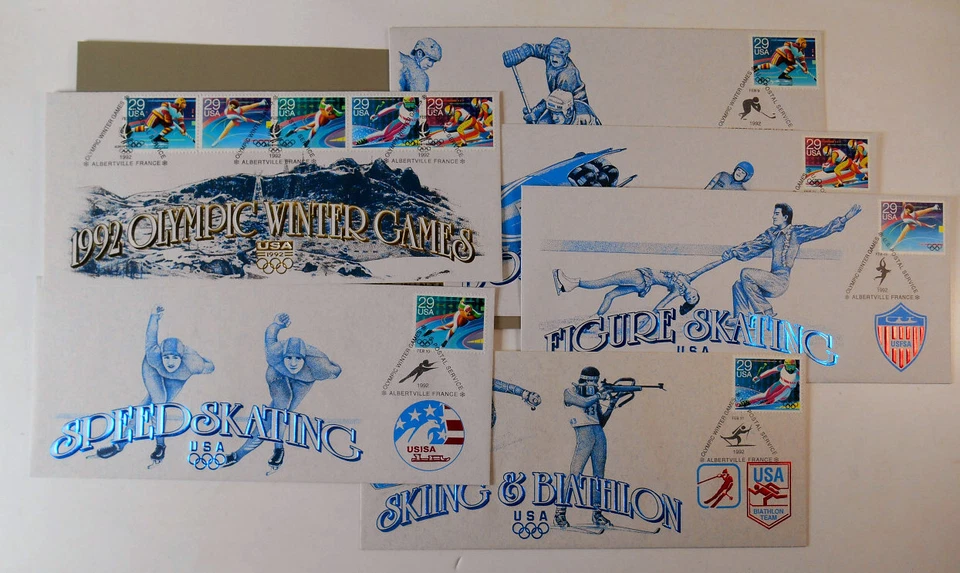 1992 Winter Olympics Sc 2611-15 2615a (5 events) official USPS cachets & folders - Image 1 of 4