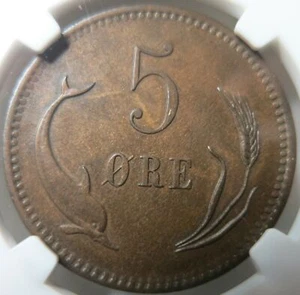 DENMARK 5 ore 1874 NGC MS AU 58 BN UNC Bronze Dolphin Wheat King Christian X - Picture 1 of 3