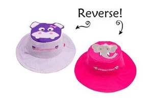 New Kids Reversible Sun Hat UPF 50+ HIPPO & ELEPHANT Medium 2-4 yrs Pink Purple - Picture 1 of 4