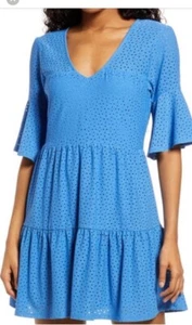 NWT Speechless Womens Blue Eyelet Pleated Ruffle Sleeves V-Neck Mini. Size Small - Picture 1 of 10