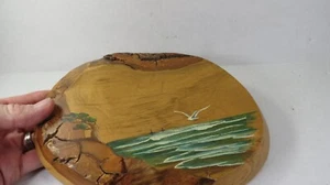 Vintage Oregon Myrtlewood MEERESLANDSCHAFT handbemalte Holzplakette KÜNSTLER signiert - Bild 1 von 4