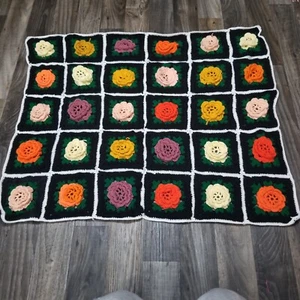 Hand-made Vintage Crochet Throw Blanket 3-D Rosettes Flowers Afghan Granny 42x35 - Picture 1 of 16