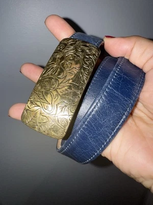 "Cinturón Coach para mujer grande azul latón liso 1 hebilla piel de becerro francesa de colección occidental 36""" Foto 1 de 4