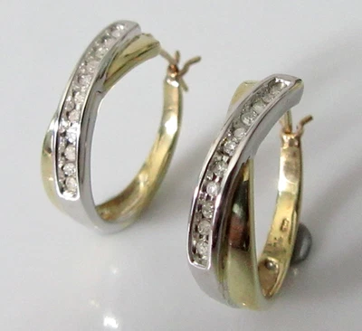 Gold Diamond Earrings - 9ct Two Tone Gold Multi Diamond Hoop Snap Shut Earrings - Image 1 of 4
