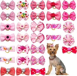 JpGdn 30PCS/15PAIRS Pink Dog Hair Bows with Rubber Bands Puppy Hair Bowknot T... - Picture 1 of 3