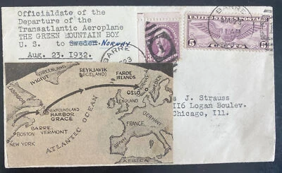 1932 Barre VT USA Airmail Cover transatlantic Aeroplane Green Mountain Boy - Image 1 of 2