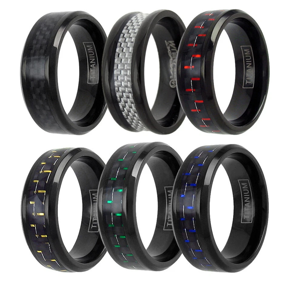 Titanium Men's Carbon Fiber Inlaid Center Band Ring Sizes 8-15 (Choose Color) - Image 1 of 1
