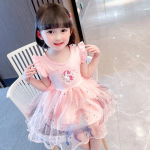 Fiesta Solero Verano Manga Corta Niñas Unicornio Vestido Disfraz Niños Elegante - Imagen 1 de 8