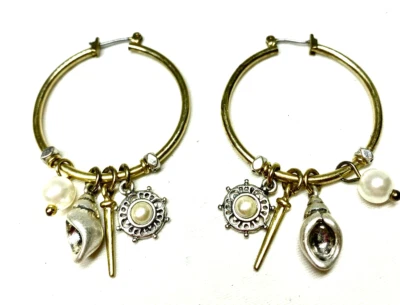 Gold Tone Charm Hoop Earrings Silver Tone Accent Pearl Shell Spike Pearl Wheel - Image 1 of 4