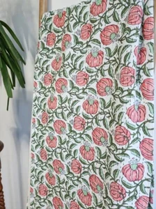 Indian White Floral Vintage Handmade Cotton Kantha Quilted Queen Size Throw AU - Picture 1 of 5