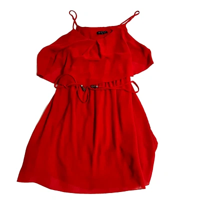 Jodi Kristopher Womens Dress Sz M Red Ruffle Beaded Tie Spaghetti Strap - Image 1 of 4