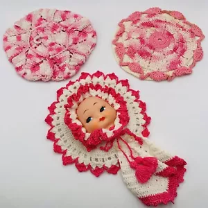 Crochet Potholders Dollface Mini Handmade Cotton Set 3 Doily Cottage 1950s - Picture 1 of 23