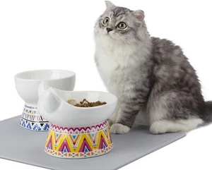 Ceramic Raised Cat Food and Water Bowl Set with Free Silicone Food Mat - Picture 1 of 6