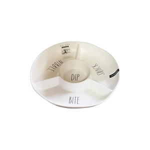 Rae Dunn LL "DIP, NIBBLE, BITE, SNACK” Chip/Dip Platter Bowl Melamine Wht 12.5" - Picture 1 of 5