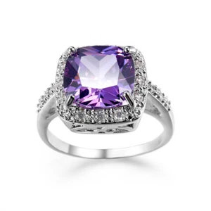 Purple Zirconia Princess Cut Band Women's 925 Silver Wedding Gift Ring Size 6-10 - Picture 1 of 10