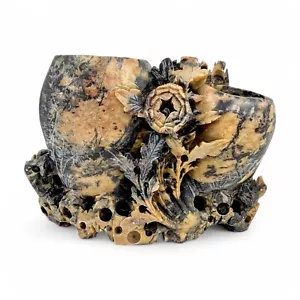 Chinese Republic yellow black soapstone calligraphy floral double brush pot - Foto 1 di 13