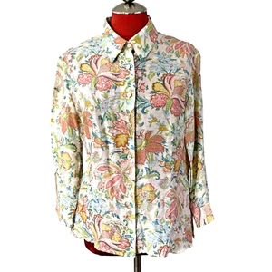 Camisa Blusa Vintage Oscar De La Renta Lino Seda Manga 3/4 Talla 12 Floral Melocotón - Imagen 1 de 11