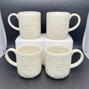 Hartstone USA Set Of 4 Mugs Cups Off White Leaves Berry Acorn Raised Pattern - Picture 1 of 16