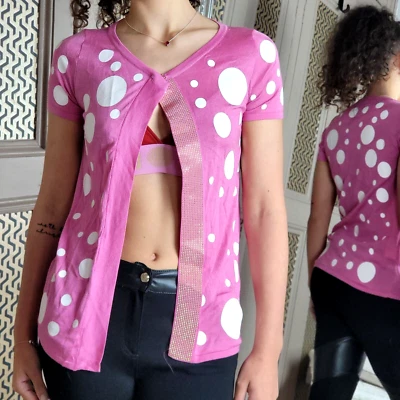 Versace Versus Vintage Pink Polka Dot Cardigan Cami Top Jersey Blouse SMALL - Image 1 of 4