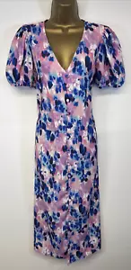 Roman Dress Blue Pink Pattern Button Front V Neck Cap Sleeve Midi UK 14 - Picture 1 of 14