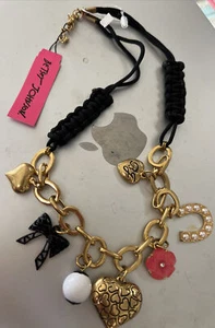 Rare Betsy Johnson Macrame Hearts Horseshoe Bow Multi Charm Necklace - Picture 1 of 14