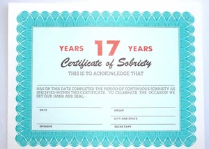 Alcoholics Anonymous AA Certificate of Sobriety 17 Year Award Medallion Token - Picture 1 of 3