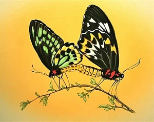 Black Butterflies Mating Postage Stamp Original Acrylic Art Painting Paper Rundo - Picture 1 of 3