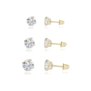 Set of 3! 14K Real Solid Gold Solitaire Round CZ Sleeper Stud Earrings Screwback - Picture 1 of 13