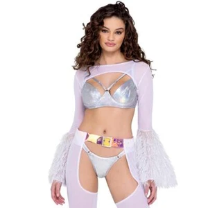 Sheer Shrug Crop Top Faux Fur Bell Sleeves Flared Tinsel Furry Fuzzy White 6247 - Picture 1 of 5