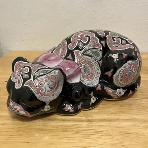 Vtg Floral Sleeping Cat Chinoiserie Porcelain Figurine 10” Hand Painted - Bild 1 von 11