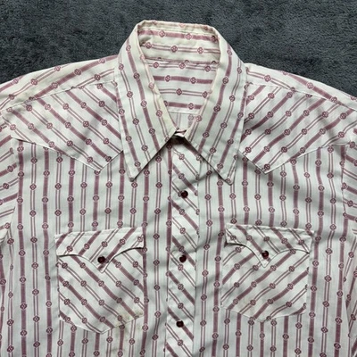 Camisa De Colección Años 70 Para Hombre XL Blanca Roja Geométrica Manga Larga Perla Snap Western Foto 1 de 4