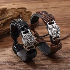 Braided Leather Myth Cross Lace-Up Men Bangle Bracelet - Picture 1 of 8