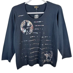 Quaker Factory NWOT Black Halloween Pullover Sweater Sequin Witch Black Cat 2X - Picture 1 of 6