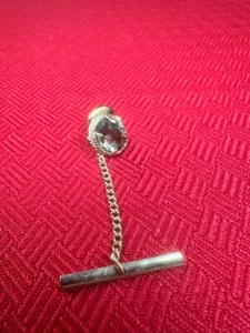 VTG Oval Tie Tack Pin Jewel Rope Dangle Chain Gold Tone Fashion Gift - Picture 1 of 7