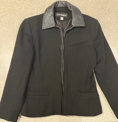 Nueva Chaqueta Frontier Chaquetón Mujer 8 Negra 100% Lana Cuero Cuello De Colección Talla S Foto 1 de 4