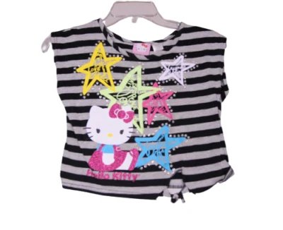 Hello Kitty Shirt Girls 7/8 M Black Gray Striped Shirt Youth Kids Stars Glitter - Image 1 of 3