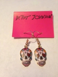 BETSEY JOHNSON NEW ENAMEL SKULL HOOK EARRINGS  - Picture 1 of 4